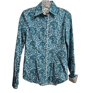CR Ranchwear Button Down Women XS Blue Paisley Western Long Sleeve Cotton Shirt